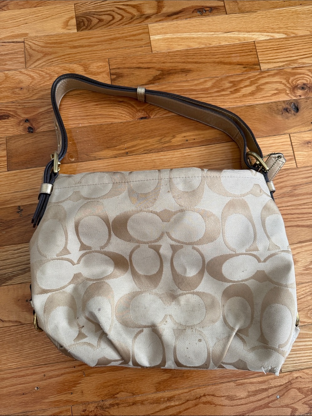 Coach Beige Signature Canvas Shoulder Bag with Leather Trim
